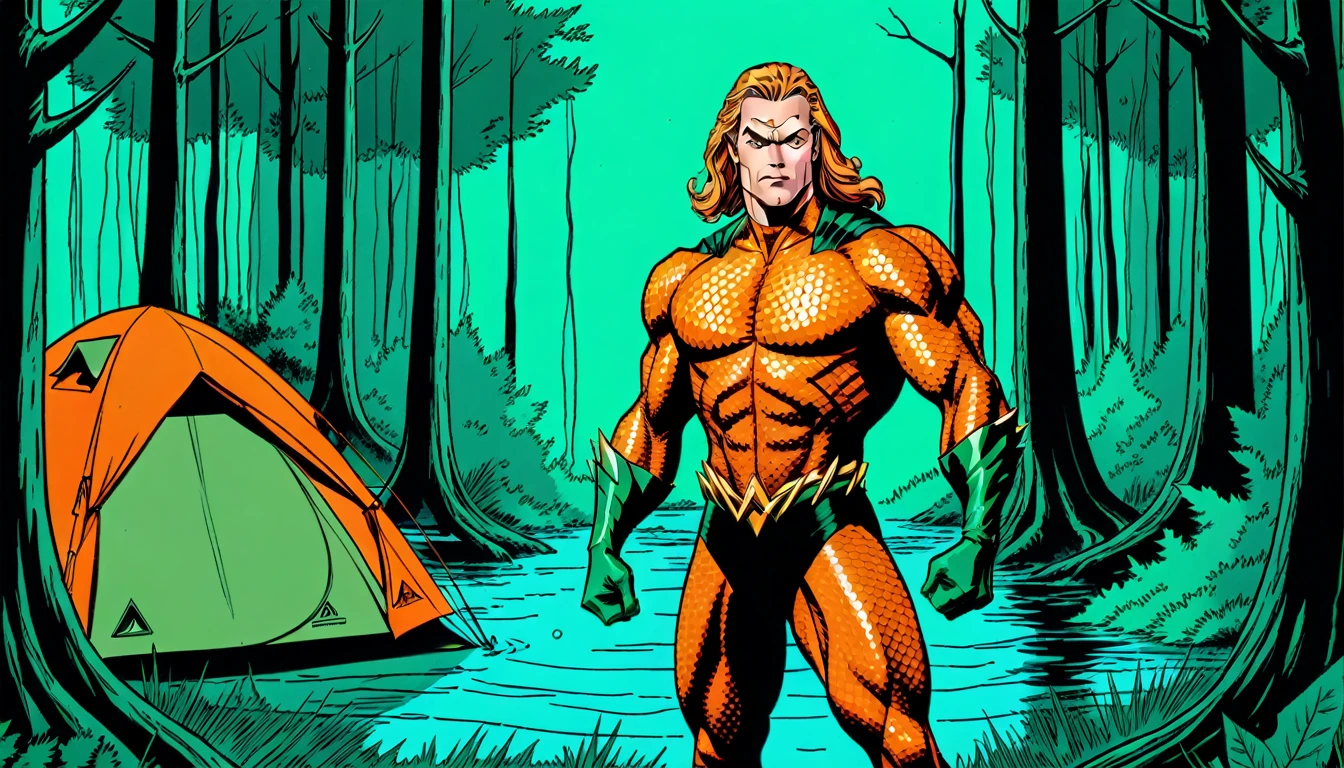 Aquaman (Orin, Arthur Curry, vintage, orange and green costume), Outdoor camping, mesh tent, rotoscope, cinematic, hyperrealism cartoon, hyper maximal, strange, nature colors, shading for depth, 90's expressive comic style, aquatic sea hero in the forest woods,
