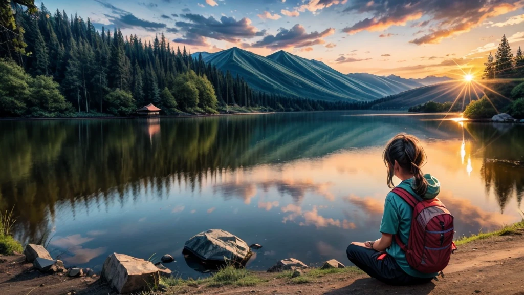 Outdoor Camping、near the lake、summer、Girl watching the sunrise