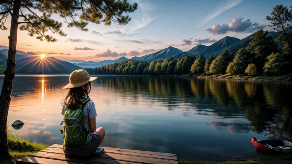 Outdoor Camping、near the lake、summer、Girl watching the sunrise