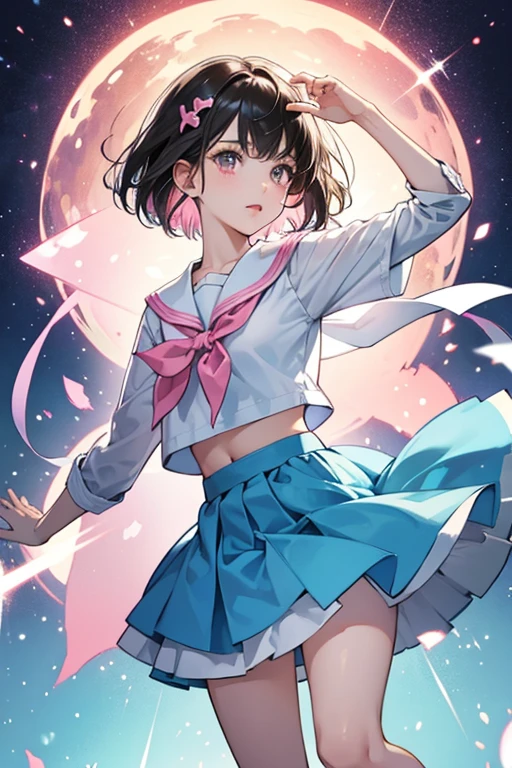 Arisu has short hair, with a gradient color of yellow and pink. She has white skin and dark pink eyes. She wears a sailor white top with a blue neck collar with a white stripe on it, and a pink ribbon on it. She wears a long blue skirt with a white line on it, with pink trim at the bottom. She wears blue shoes. SPARKLE; GLITTER