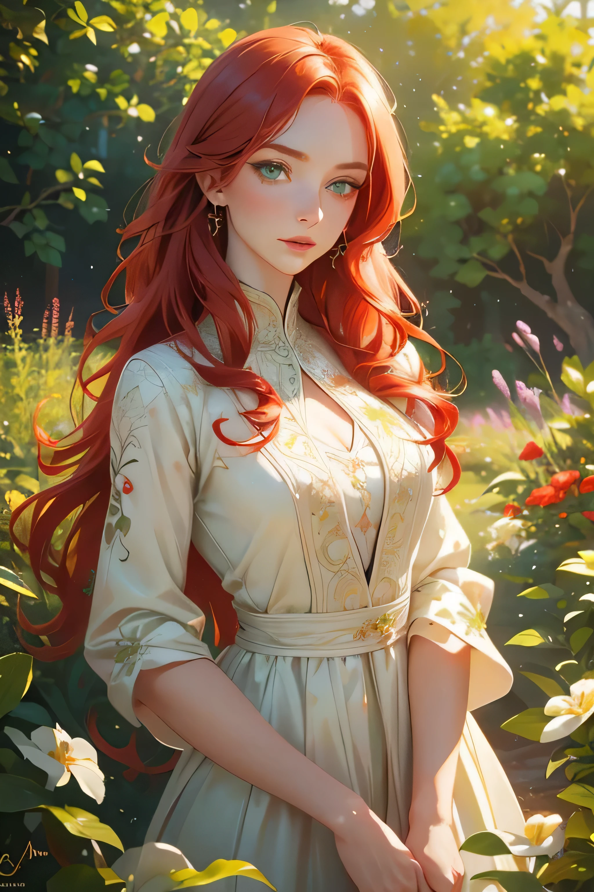 1 beautiful redhead girl, intricate detailed green eyes, lush wavy red hair, elegant feminine facial features, slender figure, delicate porcelain skin, graceful serene expression, natural outdoor garden setting, radiant natural sunlight, vibrant colors, high quality, detailed painting, oil painting, photorealistic, 8k, hyper detailed, masterpiece