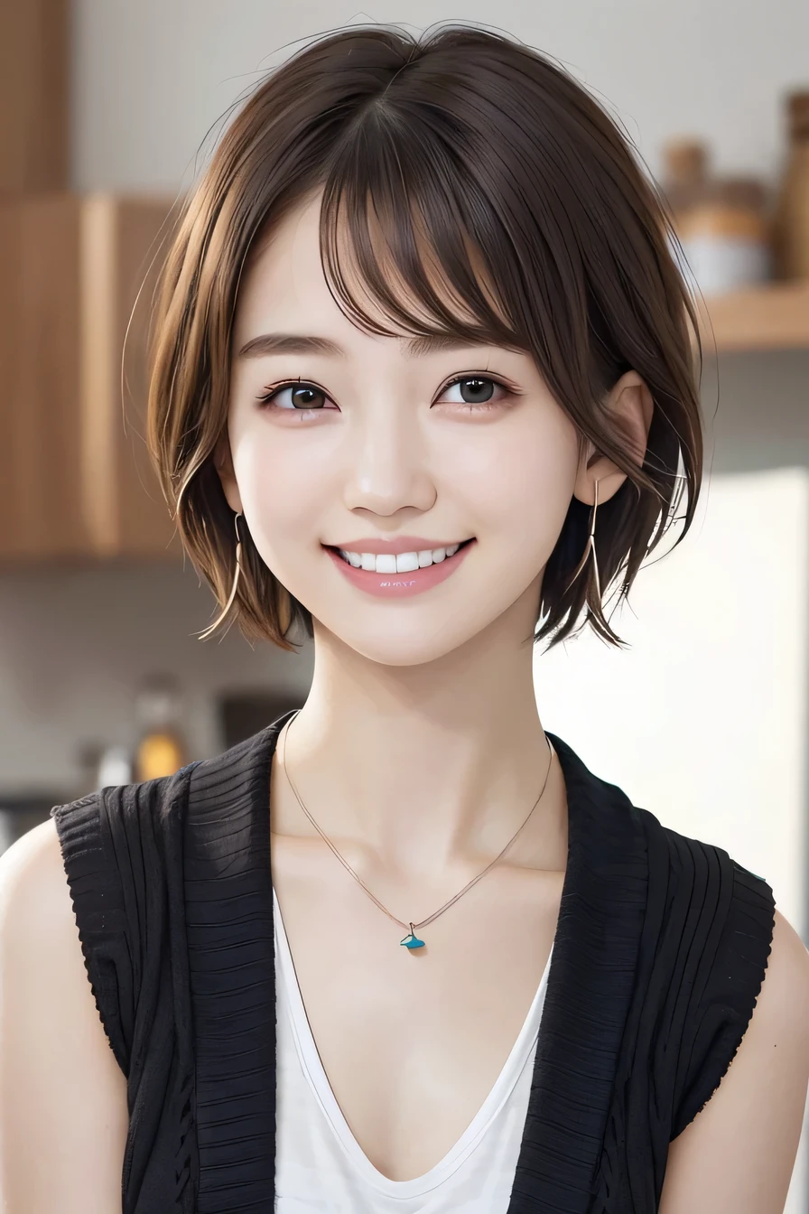 205 ((short hair)), 20-year-old female, In underwear、Put a cardigan over your shoulders、 A refreshing smile、Beautiful teeth alignment、Dark eyeliner、Dark brown hair、ear piercing、Necklace around the neck、Looking at the camera