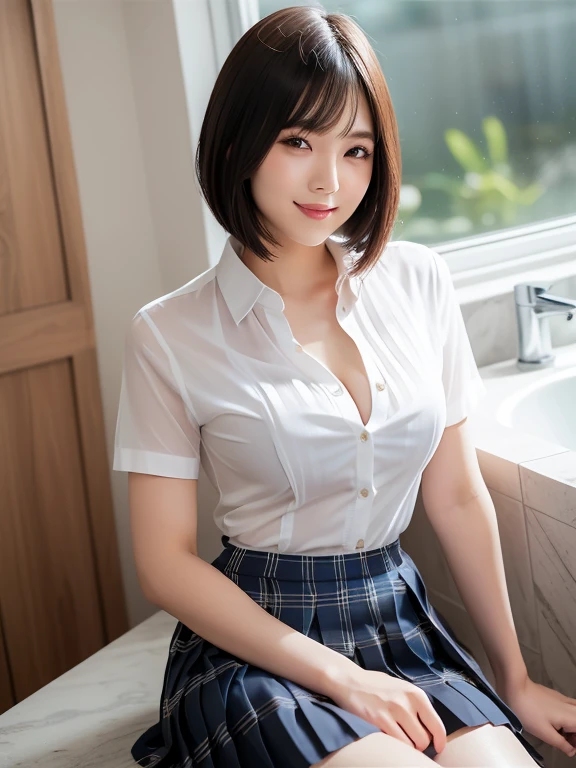 (Highest quality: 1.5), (Realistic: 1.5), (1 person: 1.5), Highly detailed, High resolution, 8k, slightly saggy medium breasts, Natural colored lips, Cute smile, Japanese woman, 20 year old girl, beautiful and graceful features, perfect and beautiful face, balanced big eyes, brunette eyes, beautiful and graceful features, natural double eyelids, natural bangs, beautiful thin nose, beautiful skin, medium bob hair , natural bangs , perfect and beautiful face, slim face and figure, blue summer sky, socks, (looking at the camera with a sweet smile), bright lighting, professional lighting, forward lighting, beautiful legs: 1.2, smooth skin, slender body, slim waistline, slim thin thighs, cleavage, detailed clothes, (short sleeve formal shirt:1.5), (Pleated skirt:1.5), plaid pleated micro mini skirt, short sleeve dress shirt, (unbuttoned shirt to show cleavage), Beautiful breasts, beautiful cleavage, bra visible through white shirt, (see-through shirt),  bathroom, shower room, sit、