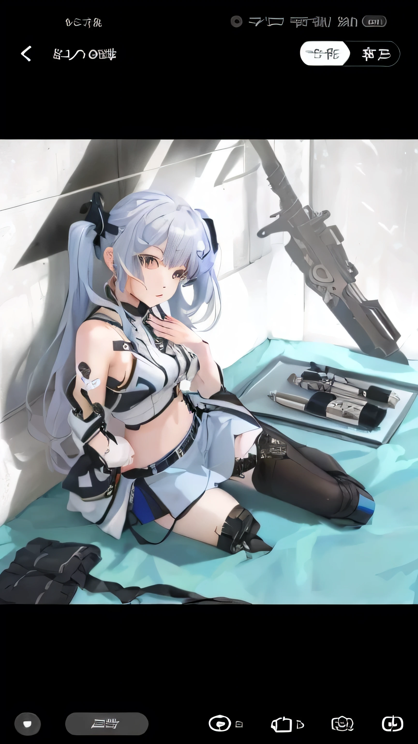 Anime girl sitting at a table with a gun and a camera, Fleet Collection Style, Fine details. girl&#39; Forefront, Azure Root Style, from girl&#39; Forefront, girl&#39; Forefront style, From the Azur Lane video game, Girl holding a warship part, bikini + Dilapidated military equipment, girl&#39; Forefront cg, Kantai Collection Arcade, girl&#39; Forefront, From Arknights