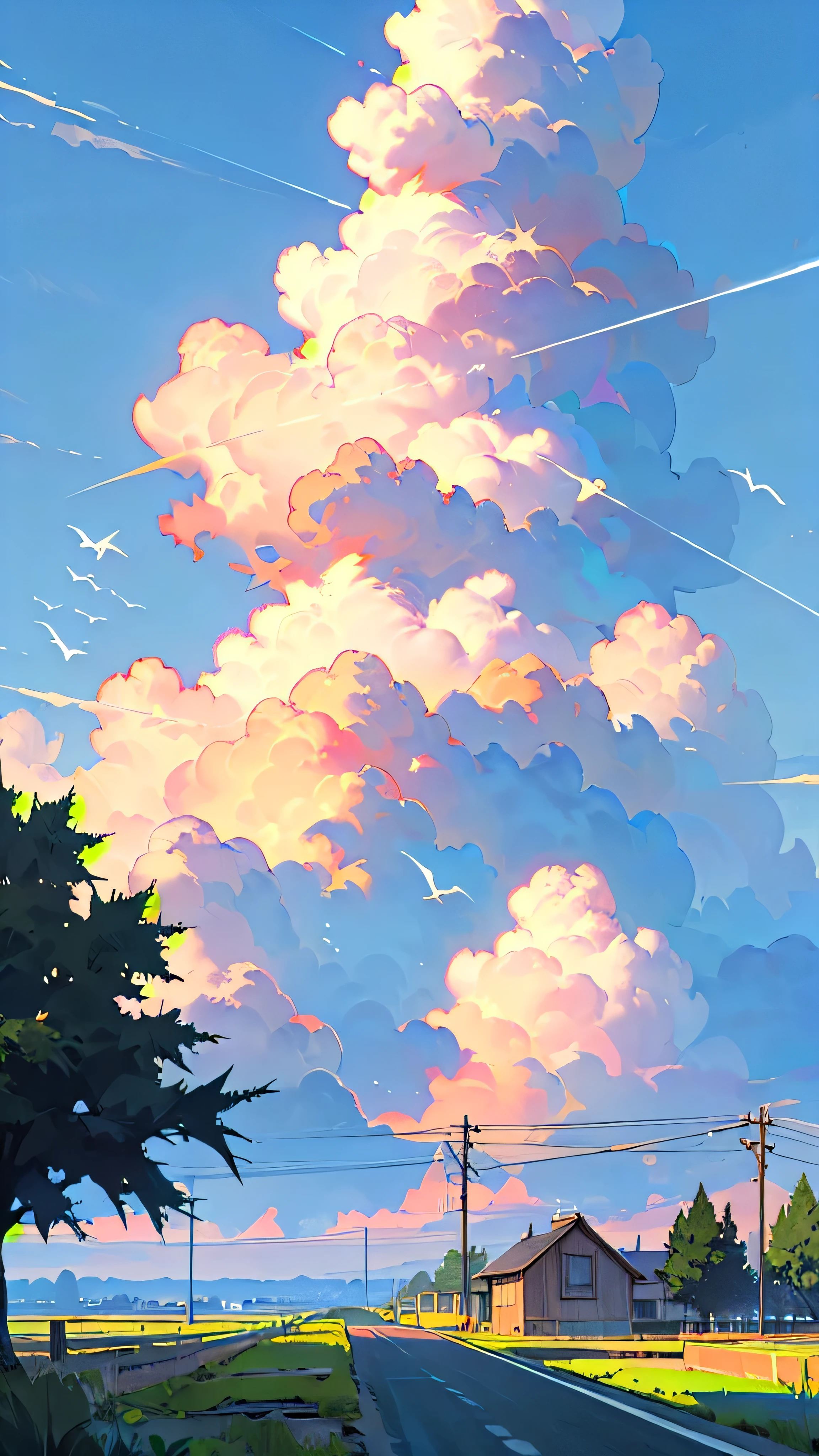 sky, cloud, scenery, outdoors, day, blue sky, no humans, tree, bird, building, power lines, house, contrail(illustration:1.0), masterpiece, best quality, 