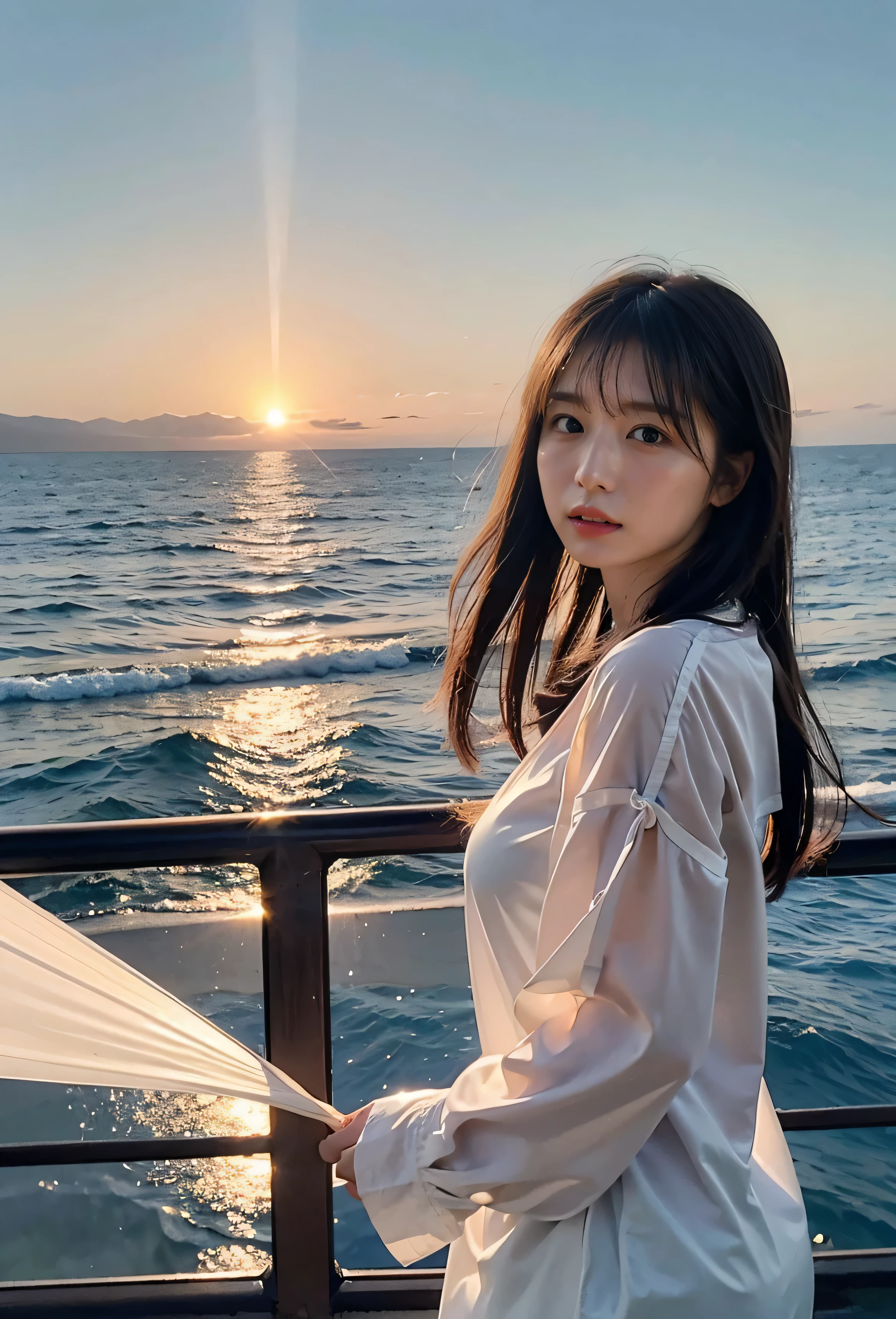 Tie your hair、Painting the sea golden、Strong sun rays、The waves are rough、The wind is blowing、The red sunset sky、Hair blowing in the wind、The sky was dyed red、A woman in casual clothes is watching the sunset from a boat、Her huge breasts are obvious even through her clothes.、The shining sun is so beautiful、Dusk is coming、Lens flare、I can see the sun setting、（（Sunlight reflecting on the lake、Ocean View、The sun shines on the sea、&#39;beautiful.、Small earrings、It&#39;evening、Birds are also flying、、Brown Hair Color、Tie your hair、The woman is on the right:1.4））、Luxury Leather Belts、Shiny clothes、Light beige hair color、Background Blur、Braid only the front hair、Light brown hair、｛｛Cowgirl Shot｝｝、（（Close-up shot from the waist up、Big Breasts:1.4））、Big Breasts、Smile、Silk clothing、Big Breasts that can be seen even through clothes、Braid only the front hair、Cowboy Shot、Gorgeous white collared silk shirt and brown skirt、Dress elegantly、Luxury Bags、A lovely smile、（（airplane in the background、I&#39;Coming to the airport））、Full body photo、ring、Short skirt、Tuck your hair behind one ear、Silver Necklace、smile、 Elegant ponytail、Caustics、Highly detailed photos、Very beautiful and ideal short hair、Big Breasts、Super no makeup、(8k、RAW Photos、highest quality、masterpiece:1.2)、(Realistic、Realistic)、1 girl、((Big Breastsショートヘア、Looking into the camera:1.4))、Hair blowing in the wind

