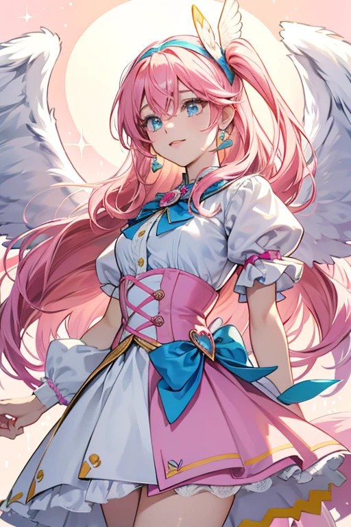 Arisu has hair, with a gradient color of yellow and pink. her hair is longer, being waist-length. She wears a blue hairband with a blue bow on it. There is a pink heart in the middle of the bow. She wears the same clothes as in her human form. Her wings are heart-shaped with a gradient color of pink and light blue. The bottom part of her wings are yellow and are sharp, with a round shape on the end of the tip. SPARKLE; GLITTER