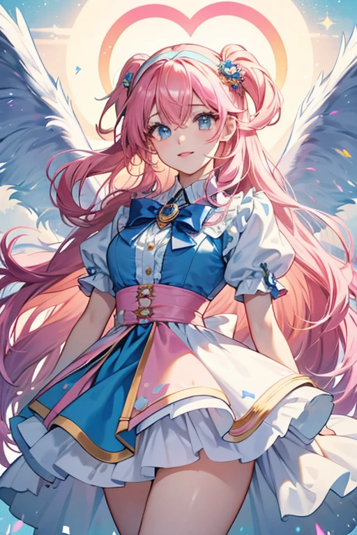 Arisu has hair, with a gradient color of yellow and pink. her hair is longer, being waist-length. She wears a blue hairband with a blue bow on it. There is a pink heart in the middle of the bow. She wears the same clothes as in her human form. Her wings are heart-shaped with a gradient color of pink and light blue. The bottom part of her wings are yellow and are sharp, with a round shape on the end of the tip. SPARKLE; GLITTER
