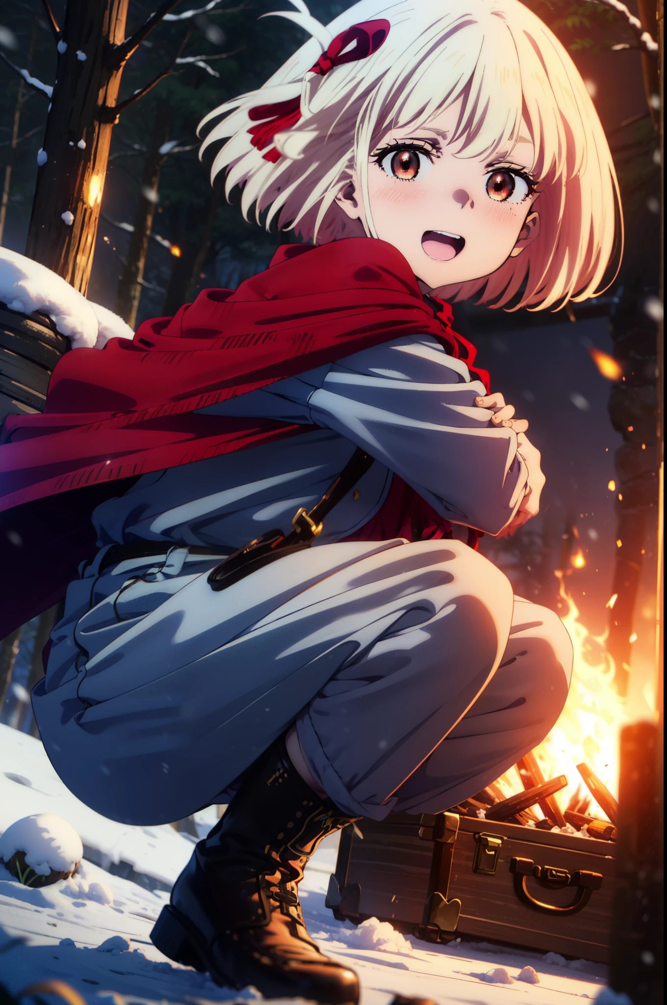 chisatonishikigi, Chisato Nishikigi, short hair, bangs, blonde, (Red eyes:1.5), Hair Ribbon, One side up, Bobcut,smile,blush,happy smile, smile, Open your mouth,
White Breath, Open your mouth,snow, Ground bonfire, Outdoor, boots, snowing, From the side, wood, suitcase, Cape, Blurred, Increase your meals, forest, White handbag, nature, Squat, Mouth closed, フードed Cape, winter, Written boundary depth, Black shoes, red Cape break looking at viewer, Upper Body, whole body, break Outdoor, forest, nature, break (masterpiece:1.2), highest quality, High resolution, unity 8k wallpaper, (shape:0.8), (Beautiful and beautiful eyes:1.6), Highly detailed face, Perfect lighting, Extremely detailed CG, (Perfect hands, Perfect Anatomy),