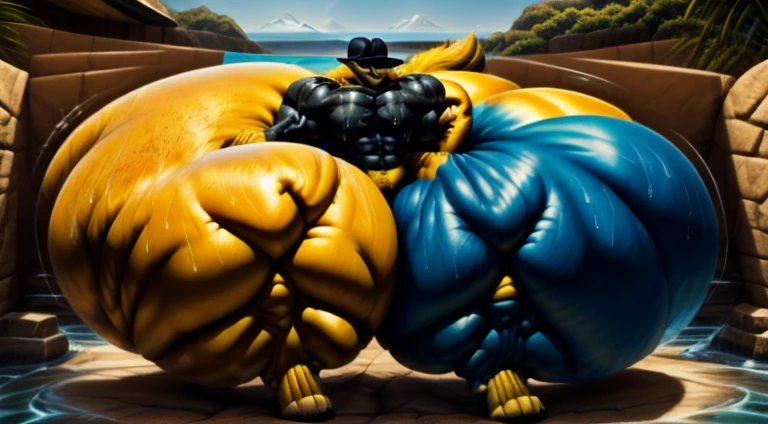 4k, high resolution, best quality, perfect lightning, perfect, solo, anthro, young, boy,golden yellow wolf:2.0, furry body, (fluffy mane:1.2), fluffy tail, male, adult, (bulky2:0, thick muscles2:0, huge muscles:2.0, hyper muscles:2.0), (thick biceps, veiny biceps, broad shoulders:2.0), (thick legs, thick calves:1.1), (digitigrade legs, 4 toes:1.2), perfect colors, (photorealistic fur, detailed fur, epic, masterpiece), (suggestive posing:1.2), (seductive smile, lustful grin 1.3), detailed beach,detailed wolf eyes:2.0, by k0suna, by darkgem,nipple ring,hyper arms:2.0,veins,white body,golden yellow fur,hyper butt:2.0,hyper paws:2.0,standing,thick legs,thick butts:2.0,sweat body:2.0,massive butt:2.0,black hat,hyper ass:2.0,huge ass,long legs,juicy butt:2.0,butt like a wall,insanely inflated hips,hyper heavy butt