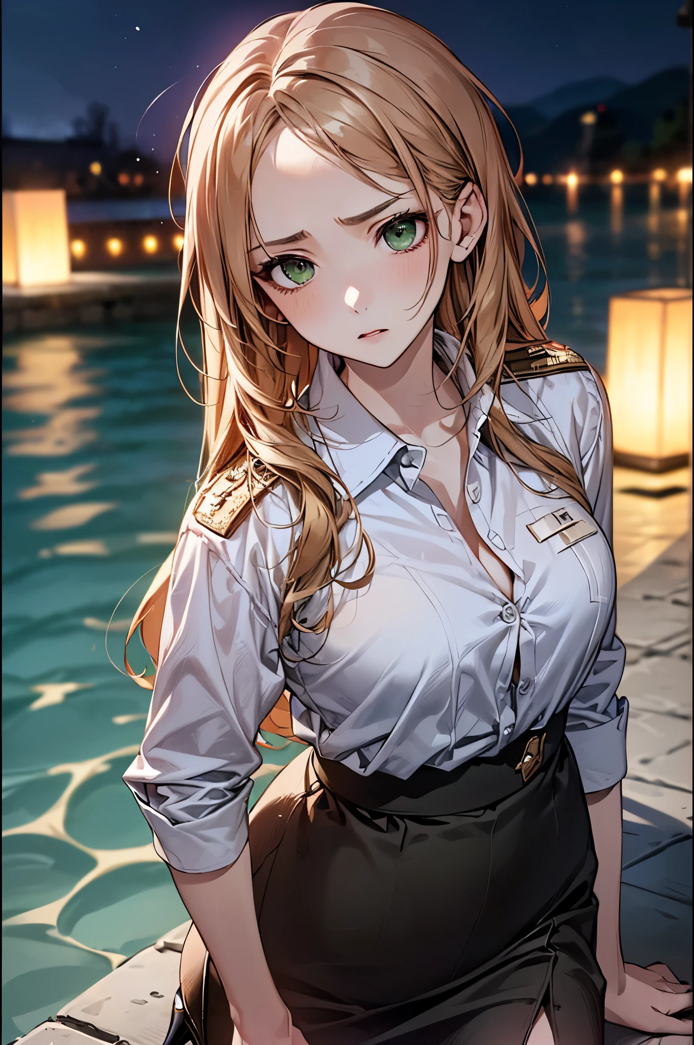 ((Biologically correct limb count))、(( whole body including face))、4K、Masterpiece、((Focus on the face))、((Symmetrical, well-proportioned facial features))、Eyes with delicate depictions、(((1 person)))、Beautiful woman、Outstanding style、Slender Body、、((Green military uniform、shirt、Checked Skirt,(High heels)))、(((Above the water)))、(Troubled face）、(Close-up photo of the upper body）、High angle、Photos with a white border around them、night、