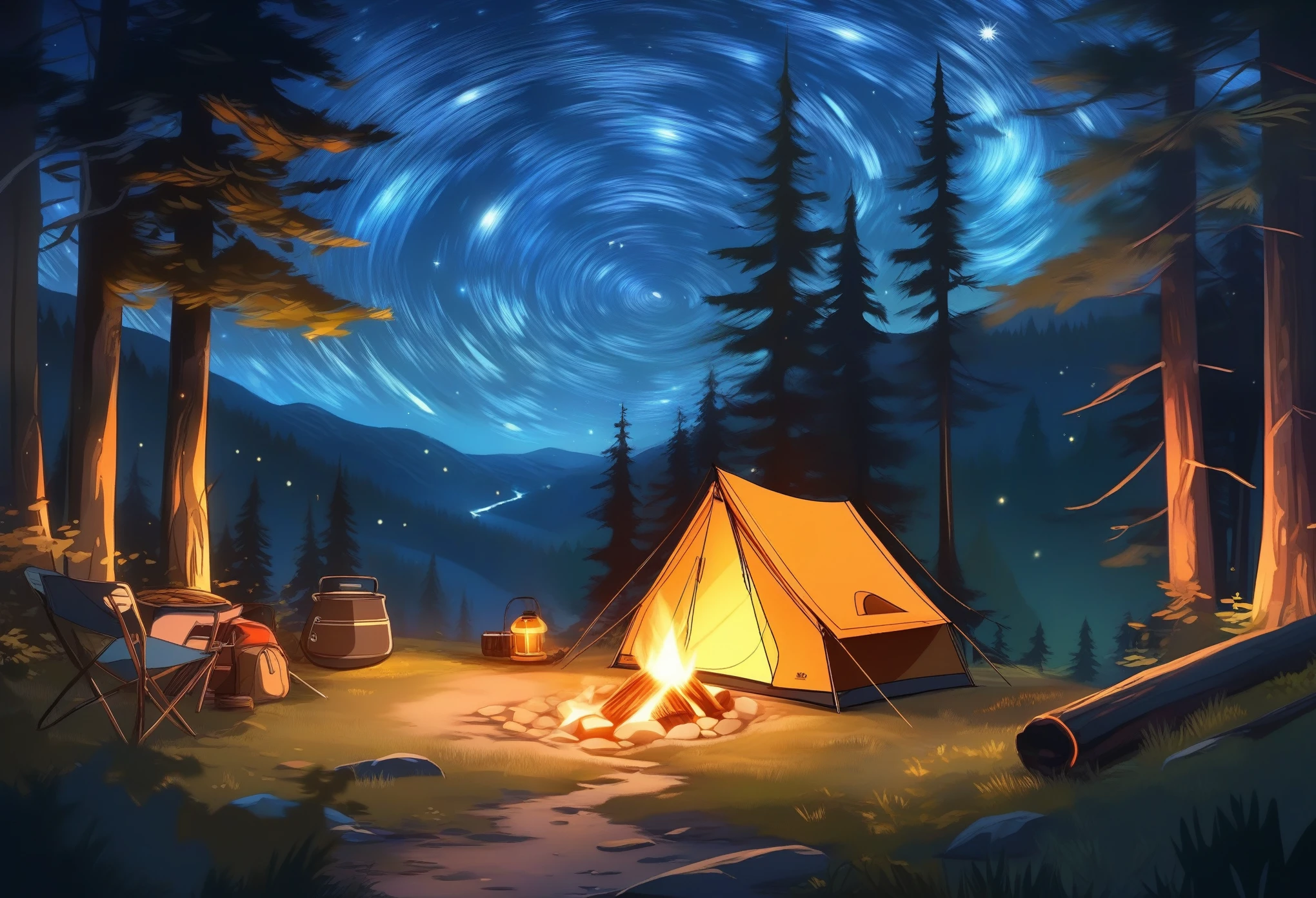 A campsite with a tent pitched under the starry night sky in the forest, surrounded by the glow of a campfire. The scene includes nature exploration with backpacking gear.
Medium: Illustration, realistic.
Additional Details: Greenery surrounding the campsite, camping equipment scattered around, detailed camping gear such as cooking utensils, sleeping bags, and a flashlight.
Image Quality: (best quality,4k,8k,highres,masterpiece:1.2),ultra-detailed,(realistic,photorealistic,photo-realistic:1.37),HDR,studio lighting,sharp focus,vivid colors.
Art Style: Landscape, outdoor adventure.
Color Palette: Earth tones with pops of warm fire colors.
Lighting: Soft moonlight illuminating the campsite, warm glow from the campfire.