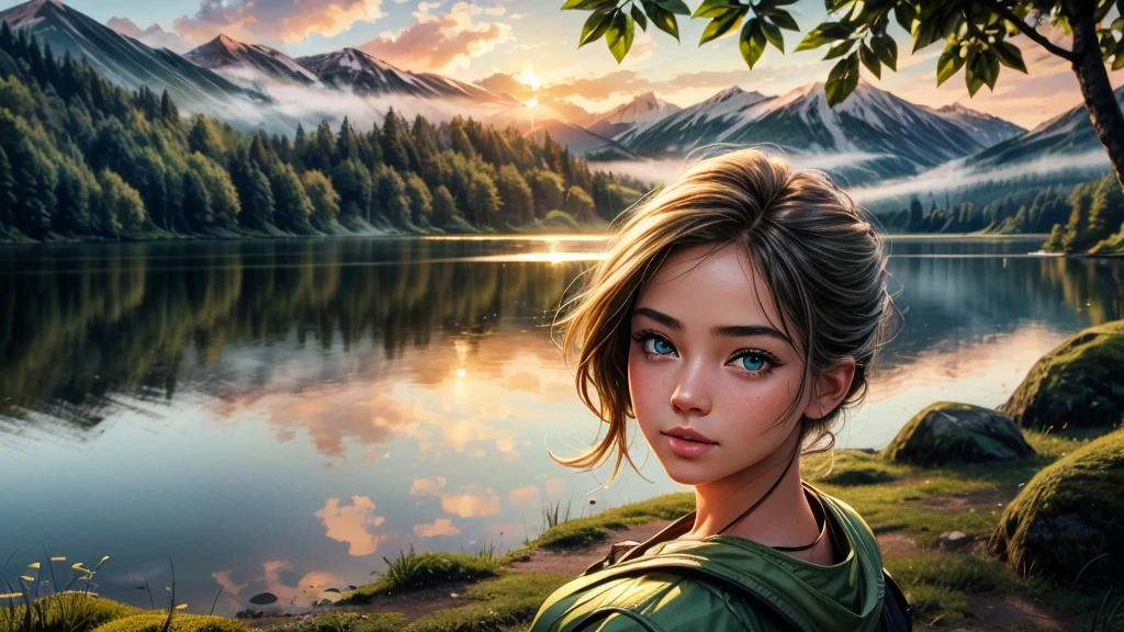 1girl,beautiful detailed eyes,beautiful detailed lips,extremely detailed face,outdoors,camping near a lake,summer,watching the sunrise,serene,peaceful,calm,tranquil,golden hour lighting,warm sunlight,mist over the lake,lush green foliage,detailed nature scenery,cinematic composition,high quality,8k,photorealistic,masterpiece,digital art