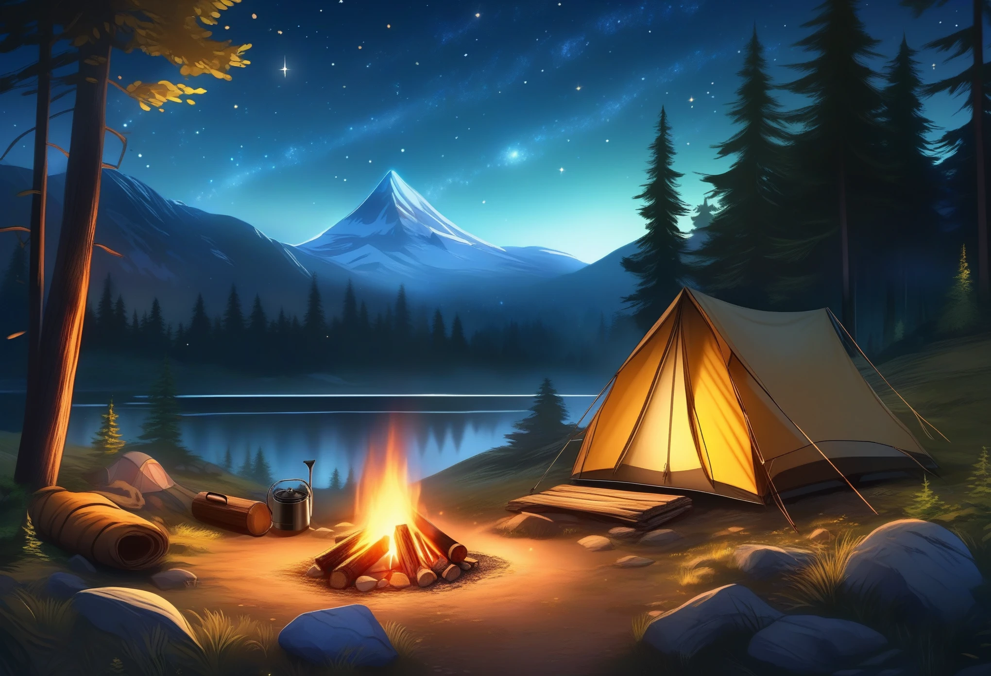 A campsite with a tent pitched under the starry night sky in the forest, surrounded by the glow of a campfire. The scene includes nature exploration with backpacking gear.
Medium: Illustration, realistic.
Additional Details: Greenery surrounding the campsite, camping equipment scattered around, detailed camping gear such as cooking utensils, sleeping bags, and a flashlight.
Image Quality: (best quality,4k,8k,highres,masterpiece:1.2),ultra-detailed,(realistic,photorealistic,photo-realistic:1.37),HDR,studio lighting,sharp focus,vivid colors.
Art Style: Landscape, outdoor adventure.
Color Palette: Earth tones with pops of warm fire colors.
Lighting: Soft moonlight illuminating the campsite, warm glow from the campfire.