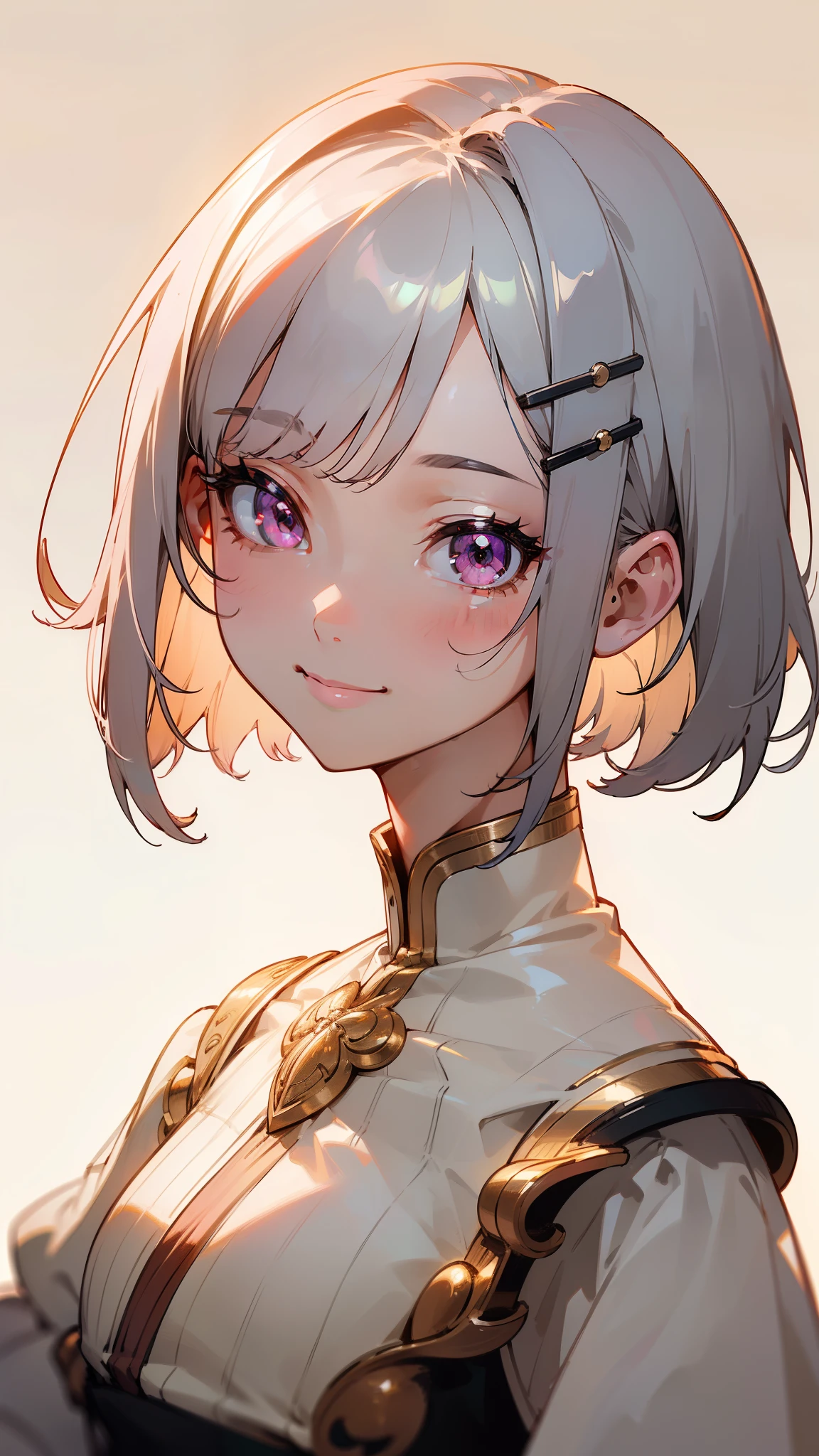 (masterpiece, highest quality)、Intricate details、8k、Sharp focus、(Bokeh) (highest quality) (Detailed skin:1.3) (Intricate details) (8k) (Fine grain) (anime)、Short silver bob hair held together with a hair clip、Pink Eyes、Upper body close-up、Side body、smile、smile、really like