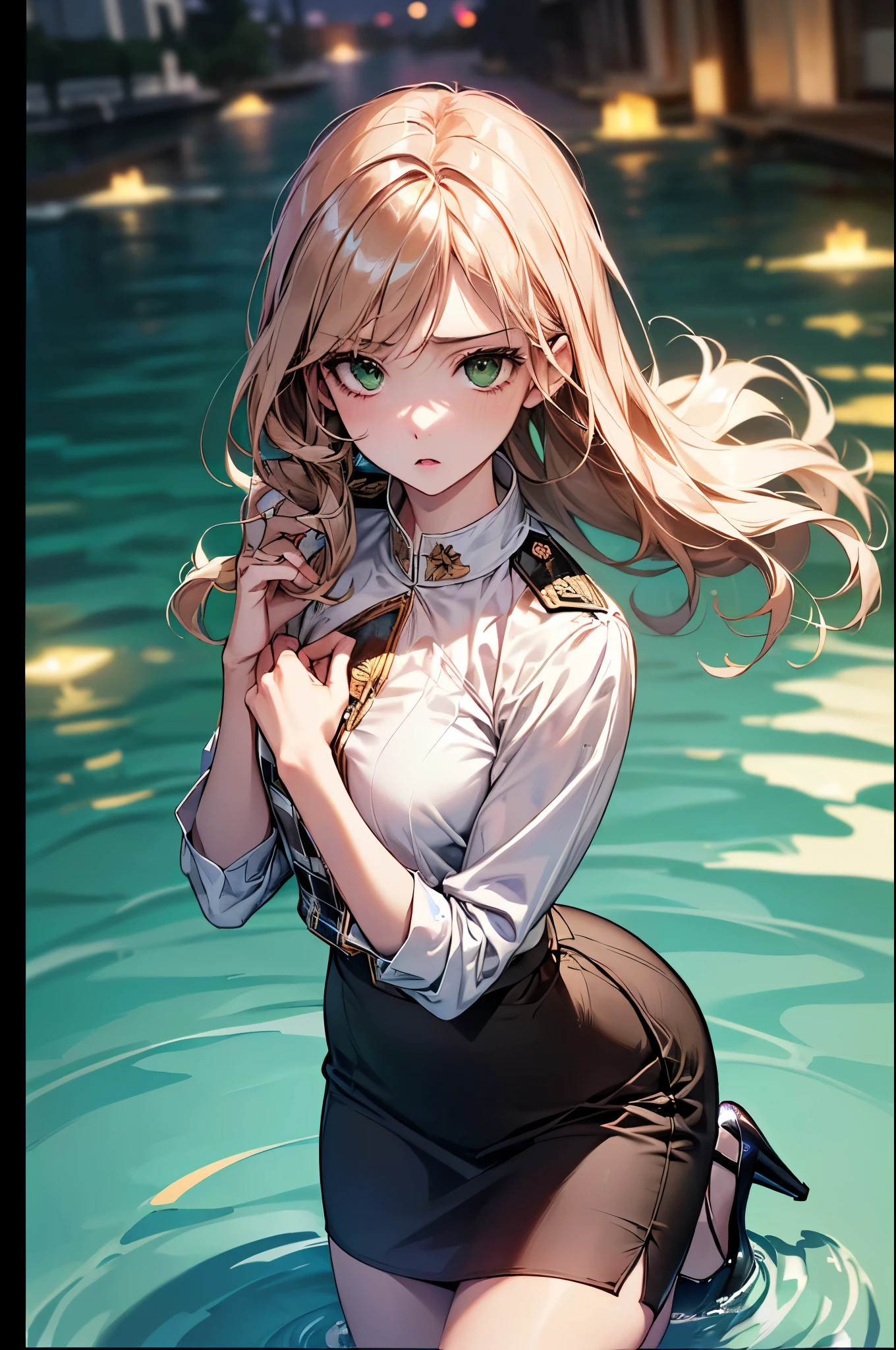 ((Biologically correct limb count))、(( whole body including face))、4K、Masterpiece、((Focus on the face))、((Symmetrical, well-proportioned facial features))、Eyes with delicate depictions、(((1 person)))、Beautiful woman、Outstanding style、Slender Body、、((Green military uniform、shirt、Checked Skirt,(High heels)))、(((Above the water)))、(Troubled face)、(Close-up photo of the upper body)、High angle、Photos with a white border around them、night、