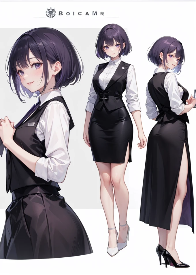 Purple hair,short hair,Adult female,Bartender,((Rolling up your sleeves shirt)),((black vest)),(Corset),(skirt),High heels,((Simple white background)),Smile,((Full body)),((whole body)),Character Sheet,