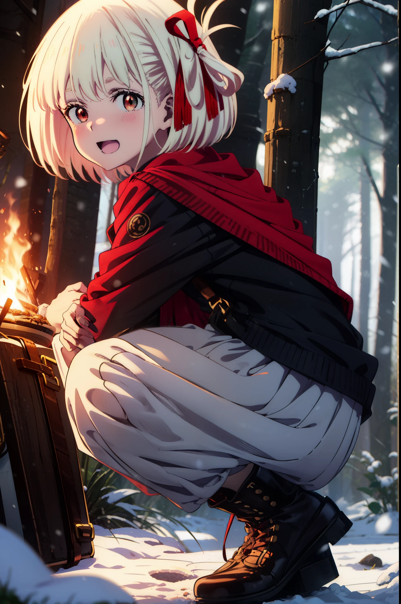 chisatonishikigi, Chisato Nishikigi, short hair, bangs, blonde, (Red eyes:1.5), Hair Ribbon, One side up, Bobcut,smile,blush,happy smile, smile, Open your mouth,
White Breath, Open your mouth,snow, Ground bonfire, Outdoor, boots, snowing, From the side, wood, suitcase, Cape, Blurred, Increase your meals, forest, White handbag, nature, Squat, Mouth closed, フードed Cape, winter, Written boundary depth, Black shoes, red Cape break looking at viewer, Upper Body, whole body, break Outdoor, forest, nature, break (masterpiece:1.2), highest quality, High resolution, unity 8k wallpaper, (shape:0.8), (Beautiful and beautiful eyes:1.6), Highly detailed face, Perfect lighting, Extremely detailed CG, (Perfect hands, Perfect Anatomy),