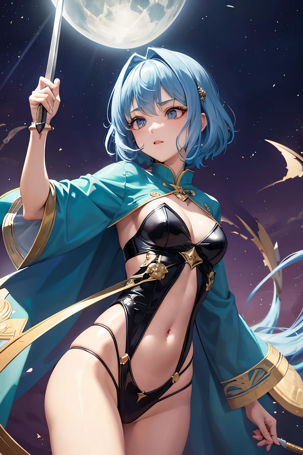 (((highest quality、first-clasasterpiece、Normal body、8k、Detailed face、Ultra-precision、Normal hand、Normal finger、5Finger、)))Brightly colored hair、Golden Turquoise Hair、Short Hair、Shortcuts、Sleeping habit head、Unshaven Head、Small breasts、Beautiful body、Brave、Brave Princess Knight、Rin々A funny expression、Confident、Legendary Sword、Sword of Light、Dragon Sword、Sword and magic circle、Magic Sword、The Great Magic of Light、huge magic circle、Shiny Tiara、Blue leotard、Navel-baring leotard、Green belt、black half cloak、Evil Eye、Magic circle pattern on eyes、Demon King's Castle、Evil Cave、Swinging a Sword、Sweep away、In combat、lewd mark on the uterus、Curse mark on abdomen、Curse on the navel、The Cursed Princess Knight、The Curse of Passion