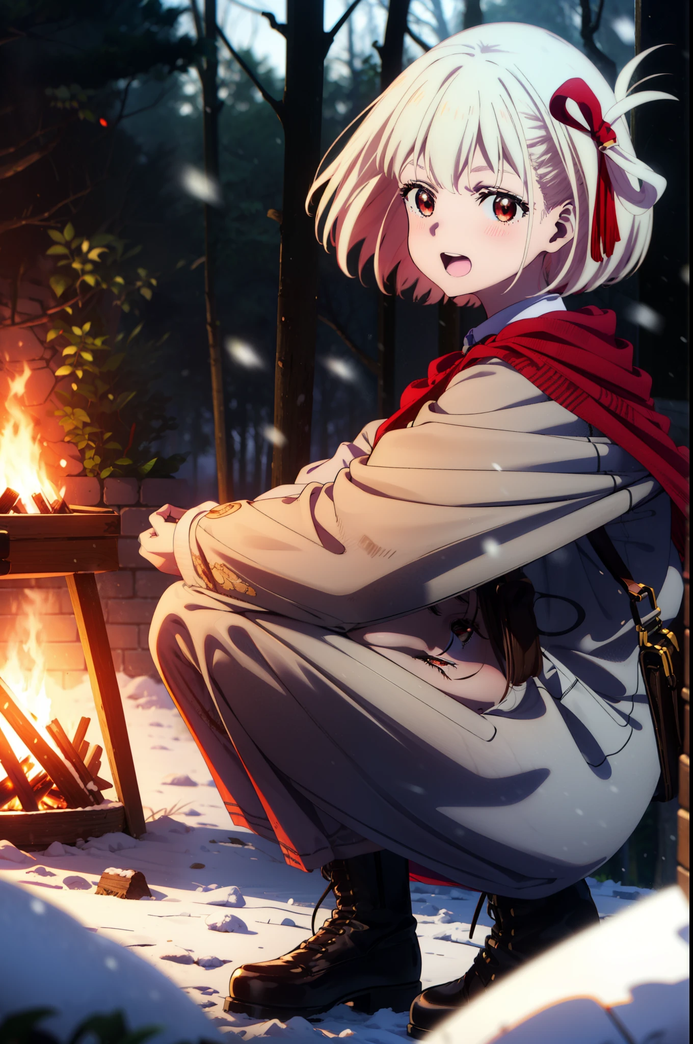 chisatonishikigi, Chisato Nishikigi, short hair, bangs, blonde, (Red eyes:1.5), Hair Ribbon, One side up, Bobcut,smile,blush,happy smile, smile, Open your mouth,
White Breath, Open your mouth,snow, Ground bonfire, Outdoor, boots, snowing, From the side, wood, suitcase, Cape, Blurred, Increase your meals, forest, White handbag, nature, Squat, Mouth closed, フードed Cape, winter, Written boundary depth, Black shoes, red Cape break looking at viewer, Upper Body, whole body, break Outdoor, forest, nature, break (masterpiece:1.2), highest quality, High resolution, unity 8k wallpaper, (shape:0.8), (Beautiful and beautiful eyes:1.6), Highly detailed face, Perfect lighting, Extremely detailed CG, (Perfect hands, Perfect Anatomy),