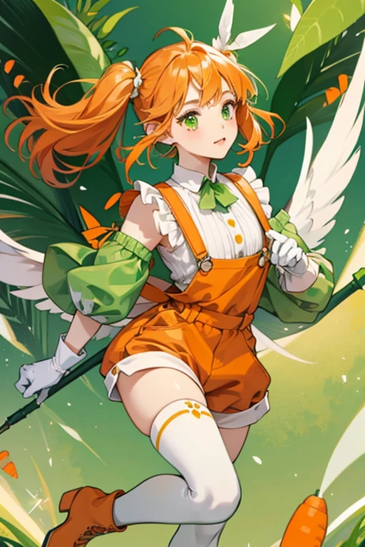 Carrot has green eyes with a single lash and soft orange hair worn in low pigtails held with green leafy ornaments. Her short bangs curl to the right and she has a split cowlick. She has orange wings.

Carrot wears a white blouse with a green leafy collar under puffy, pale orange overalls with pale green buttons, white gloves, blue tights, and orange boots. SPARKLE; GLITTER