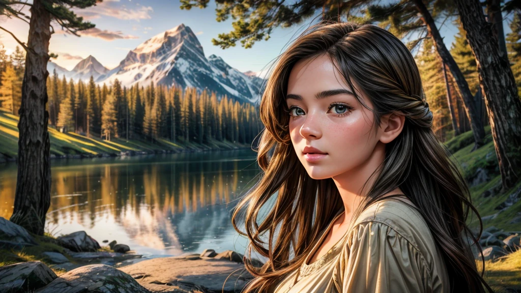 a beautiful young girl gazing at the morning sun near a lake in the spring, outdoor camping scene, serene landscape, warm sunlight, detailed facial features, long hair, nature, idyllic, (best quality,4k,8k,highres,masterpiece:1.2),ultra-detailed,(realistic,photorealistic,photo-realistic:1.37),landscape,natural lighting,golden hour,vibrant colors,highly detailed