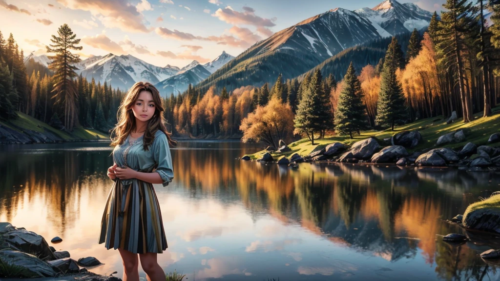 a beautiful young girl gazing at the morning sun near a lake in the spring, outdoor camping scene, serene landscape, warm sunlight, detailed facial features, long hair, nature, idyllic, (best quality,4k,8k,highres,masterpiece:1.2),ultra-detailed,(realistic,photorealistic,photo-realistic:1.37),landscape,natural lighting,golden hour,vibrant colors,highly detailed