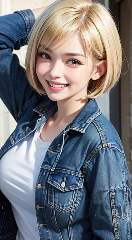 (UHigh resolution, retina, masterpiece, Accurate, Anatomically correct, Textured skin, Super detailed, Attention to detail, high quality, 最high quality, High resolution, 1080p, High resolution, 4K, 8k, 16k), (Beautiful fine details, Beautiful lip detail, Highly detailed eyes and face), Studio Lighting, Physically Based Rendering, Vibrant colors, (Big Breasts, Attractive body), (Denim jacket:1.5), (White T-shirt), (Portraiture, Bobcut, Blonde Hair, Shiny Hair, Shiny skin, blush), (Bokeh), Eye Reflexes, (Grin:1.5),
