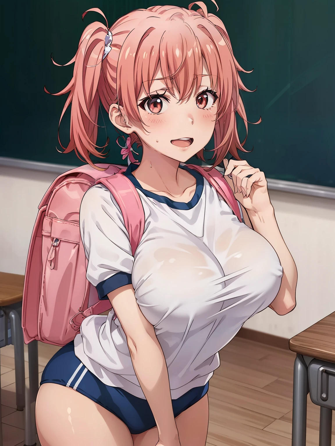 ((highest quality, High resolution,  Perfect Pixel,  4k)), (1 girl),  (Beautiful Anime Girls), 
Watching the audience, 
Perfect body, 

yuigahama yui, (Big Breasts:1.7)、Detailed eyes、Brown eyes、、Twin tails、Pink Hair、

(blush:1.1)、Grin、

(carrying randoseru backpack and wearing navy buruma and gym uniform with colored hem:1.2),

School classroom、
Focus on the chest、Sweat、