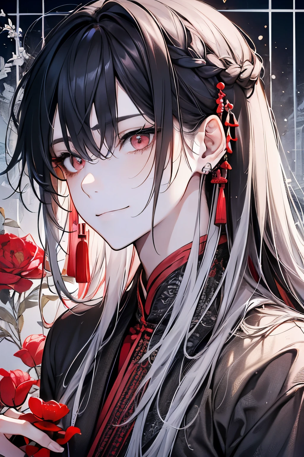 ((Adult male around 20 years old:1.2)),tazune rirei, masterpiece, best quality, braid hair, black hair, face close-up, (portrait), shiny red eyes, white hanfu dress,(gray color world:1.3),bokeh,((playing chess game)), embarrassed, (close mouth), perfect hands,smile,full body