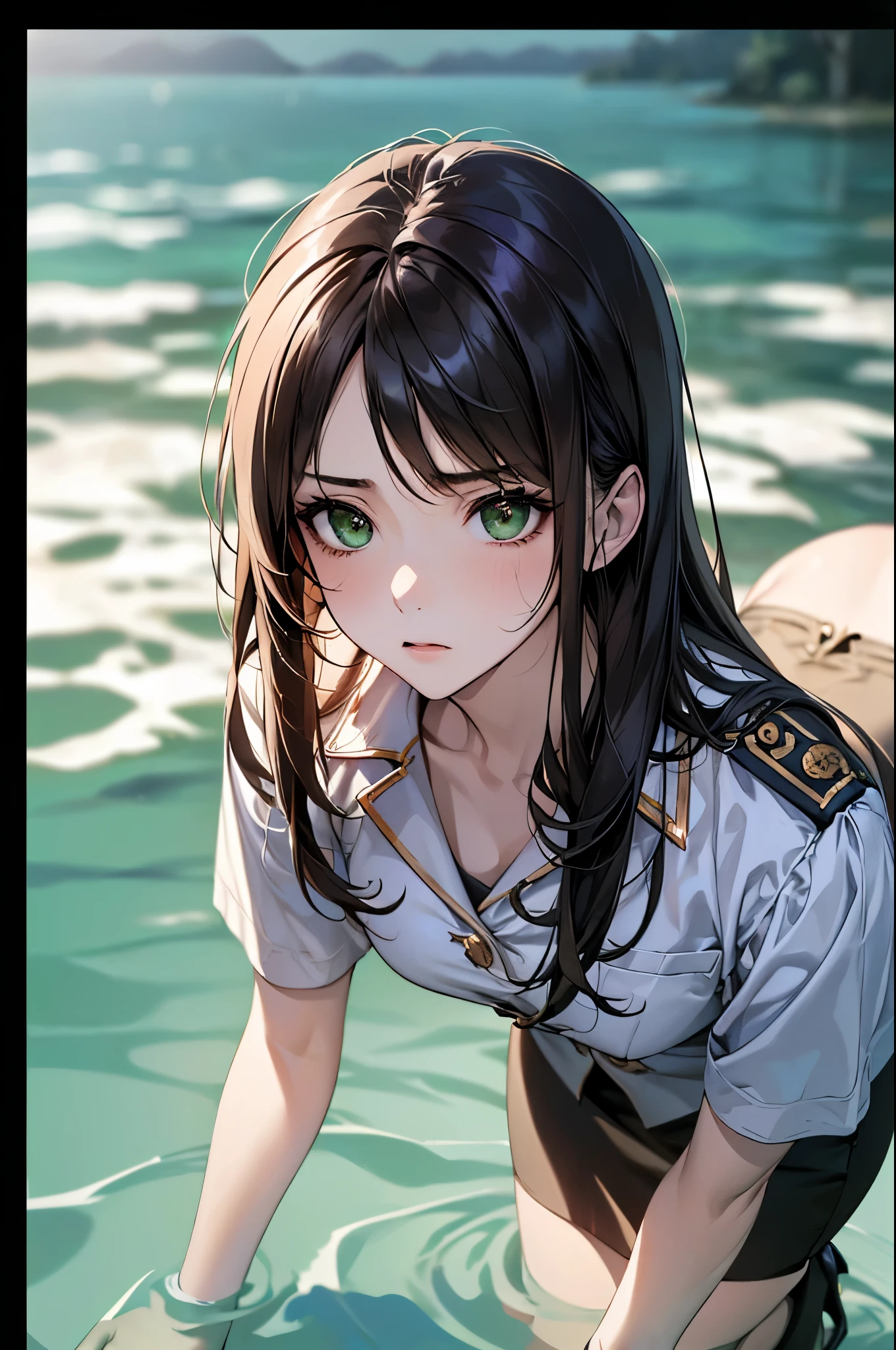 ((Biologically correct limb count))、(( whole body including face))、4K、Masterpiece、((Focus on the face))、((Symmetrical, well-proportioned facial features))、Eyes with delicate depictions、(((1 person)))、Beautiful woman、Outstanding style、Slender Body、、((Green military uniform、shirt、Checked Skirt,(High heels)))、(((Above the water)))、(Troubled face)、(Close-up photo of the upper body)、High angle、Photos with a white border around them、night、