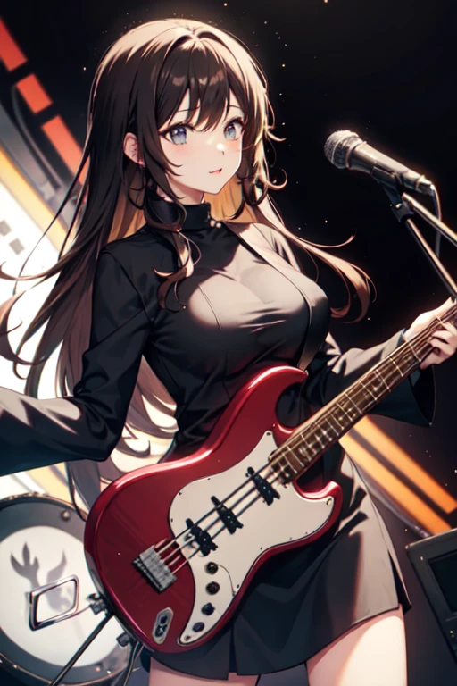 Female bassist、Long Hair、Dark Brown Hair、Loose curly hair、Big Breasts、((cute))、Black clothes、Perfect Style、