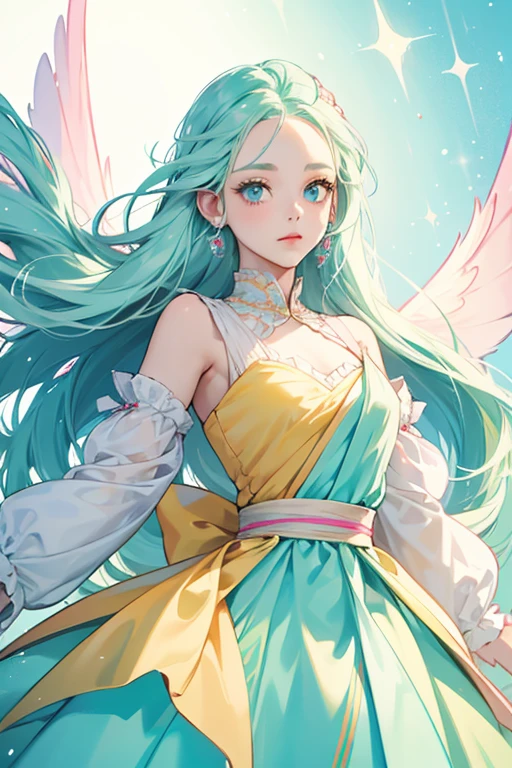 She has white skin, light turquoise blue eyes, and pink and light blue fairy wings. She has long light green hair parted to the side of her head which shows her forehead. She wears a long orange sleeveless dress with a yellow trim on the middle. Her sash is red and so are her cuffs. SPARKLE; GLITTER