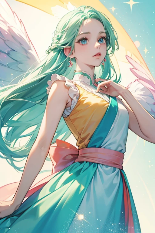 She has white skin, light turquoise blue eyes, and pink and light blue fairy wings. She has long light green hair parted to the side of her head which shows her forehead. She wears a long orange sleeveless dress with a yellow trim on the middle. Her sash is red and so are her cuffs. SPARKLE; GLITTER
