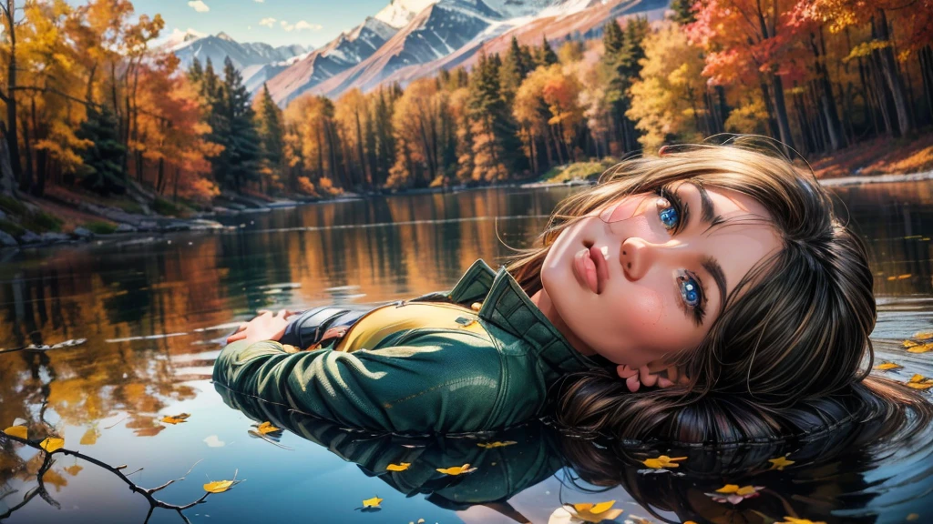 a girl enjoying the morning sun by a lake, autumn outdoor camping scenery, beautiful detailed eyes, beautiful detailed lips, extremely detailed eyes and face, long eyelashes, serene expression, relaxed pose, detailed landscape, colorful autumn foliage, calm lake reflection, warm morning sunlight, (best quality,8k,highres,masterpiece:1.2),ultra-detailed,(realistic,photorealistic,photo-realistic:1.37),landscape painting,vibrant colors,natural lighting