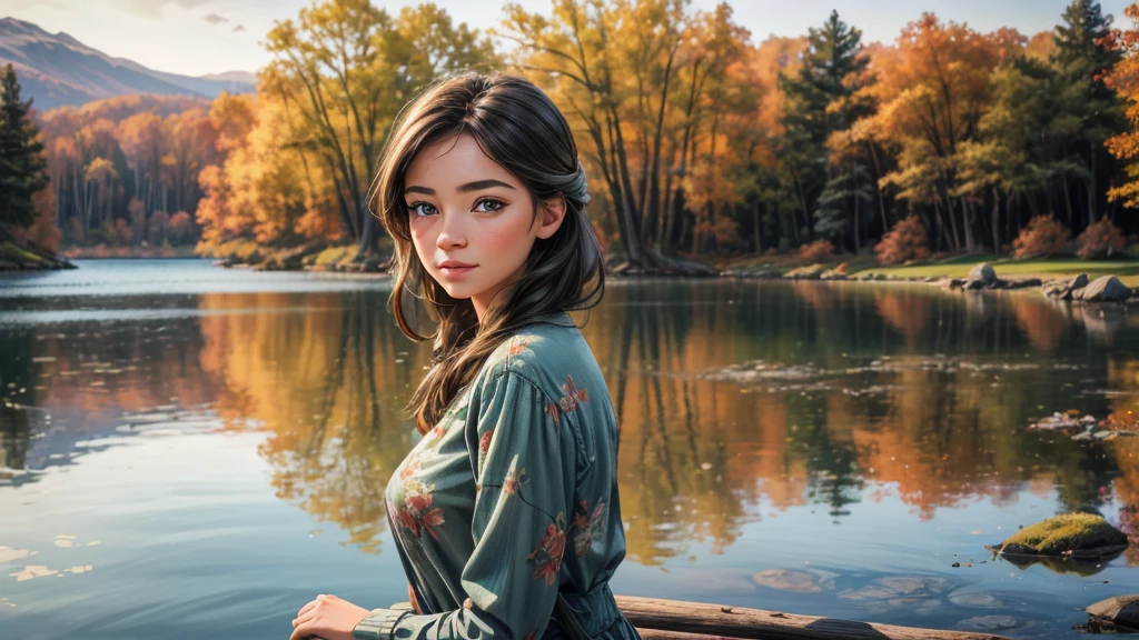 a girl enjoying the morning sun by a lake, autumn outdoor camping scenery, beautiful detailed eyes, beautiful detailed lips, extremely detailed eyes and face, long eyelashes, serene expression, relaxed pose, detailed landscape, colorful autumn foliage, calm lake reflection, warm morning sunlight, (best quality,8k,highres,masterpiece:1.2),ultra-detailed,(realistic,photorealistic,photo-realistic:1.37),landscape painting,vibrant colors,natural lighting