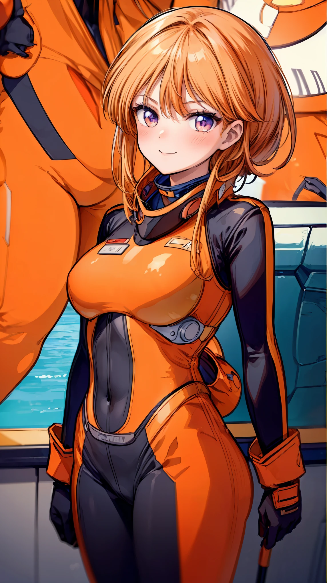 Very detailed、highest quality、Best image quality、masterpiece、8k、Anime Face、A kind smile、(lppl2:1.3)、Orange Hair、Exposed pilot suit、Big Breasts、Cowboy Shot、Side view、ckundies