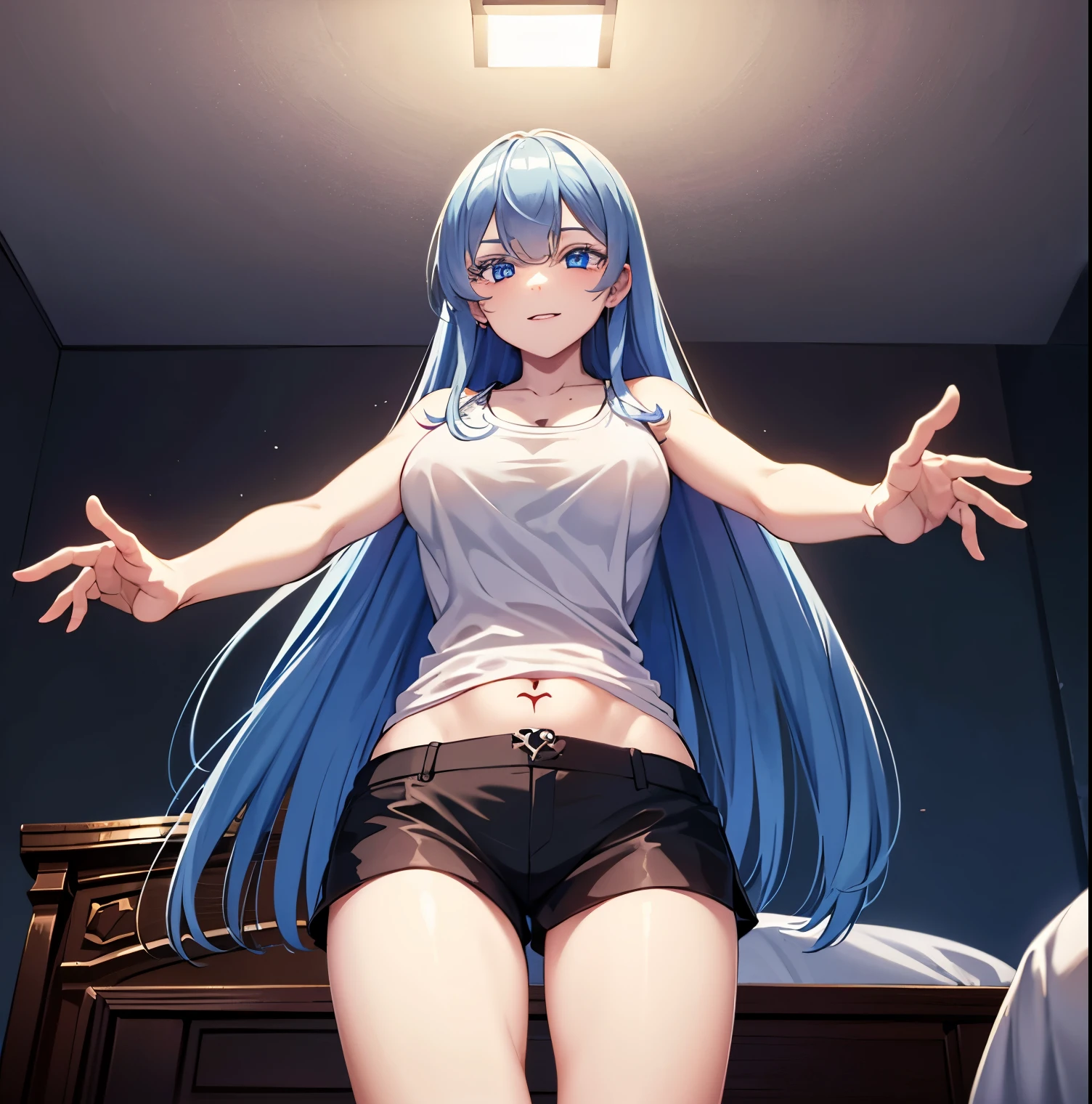 1 girl, alone, death, blue eyes, blue hair, long hair, smile, tank top, white shirt, bare shoulders, bare waist, black shorts, short shorts, black shoes, bare legs, tattoo on the chest, interior, bedroom, bed, looking at viewer, head on, point of view (from below), (cowboy photo: 1.5), (masterpiece: 1.2), best quality, high resolution, Unity 8k wallpaper, sexy body, (artwork: 0.8), (beautiful detailed eyes: 1.6), extremely detailed face, perfect lighting, extremely detailed CG (perfect hands, perfect anatomy),