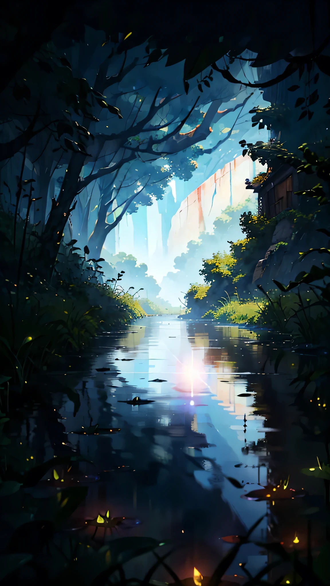 Horror, bloody Clouds, Runway: 1.2, Tree, Shooting Star, Small Waterhole, Reflection, Shady, Sunlight, Wide Angle, Best Quality, 8K, Perspective, Depth of Field, High Resolution, Fine Detail, Ultra Detail, Sharp Focus