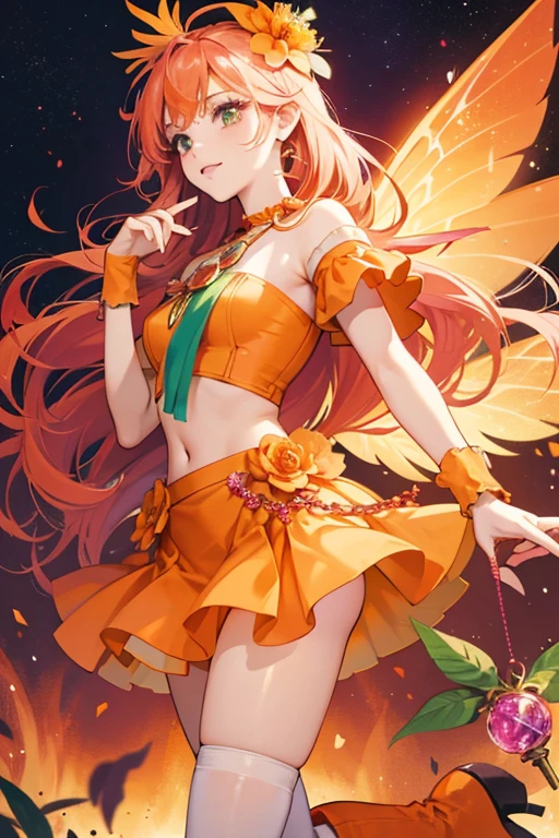 she wore an orange fairy cap with a purple and orange flower attached to it. Her hair was long. She wore an pale orange key around her neck. She had an orange top with red cuffs, an orange flower skirt, green stockings, and orange boots. She had just pink wings. SPARKLE; GLITTER