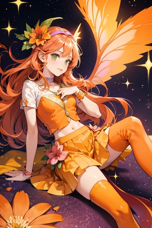 she wore an orange fairy cap with a purple and orange flower attached to it. Her hair was long. She wore an pale orange key around her neck. She had an orange top with red cuffs, an orange flower skirt, green stockings, and orange boots. She had just pink wings. SPARKLE; GLITTER