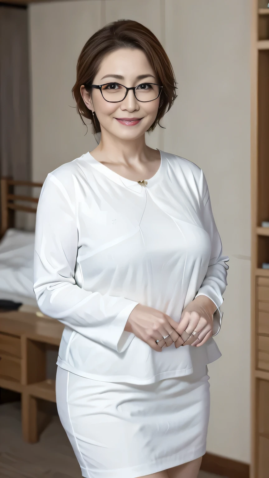Earrings, ,Full Body Shot,,50 years old,Detailed Eyes,Wrinkles at the corners of the eyes,A kind smile,Big Breasts 1.6,Big Ass,Saggy breasts 1.8(masterpiece:1.6, highest quality), Intricate details, Depth of written boundary,detailed, Perfect face, Perfect body, Large Model, Mature Woman, Leg Length,(White shirt,skirt),8k,highest quality, masterpiece, Ultra-high resolution,, Sharp focus, detailed, Exquisite beautiful woman, ((Plump 1.6), Random hairstyle,room,Glasses