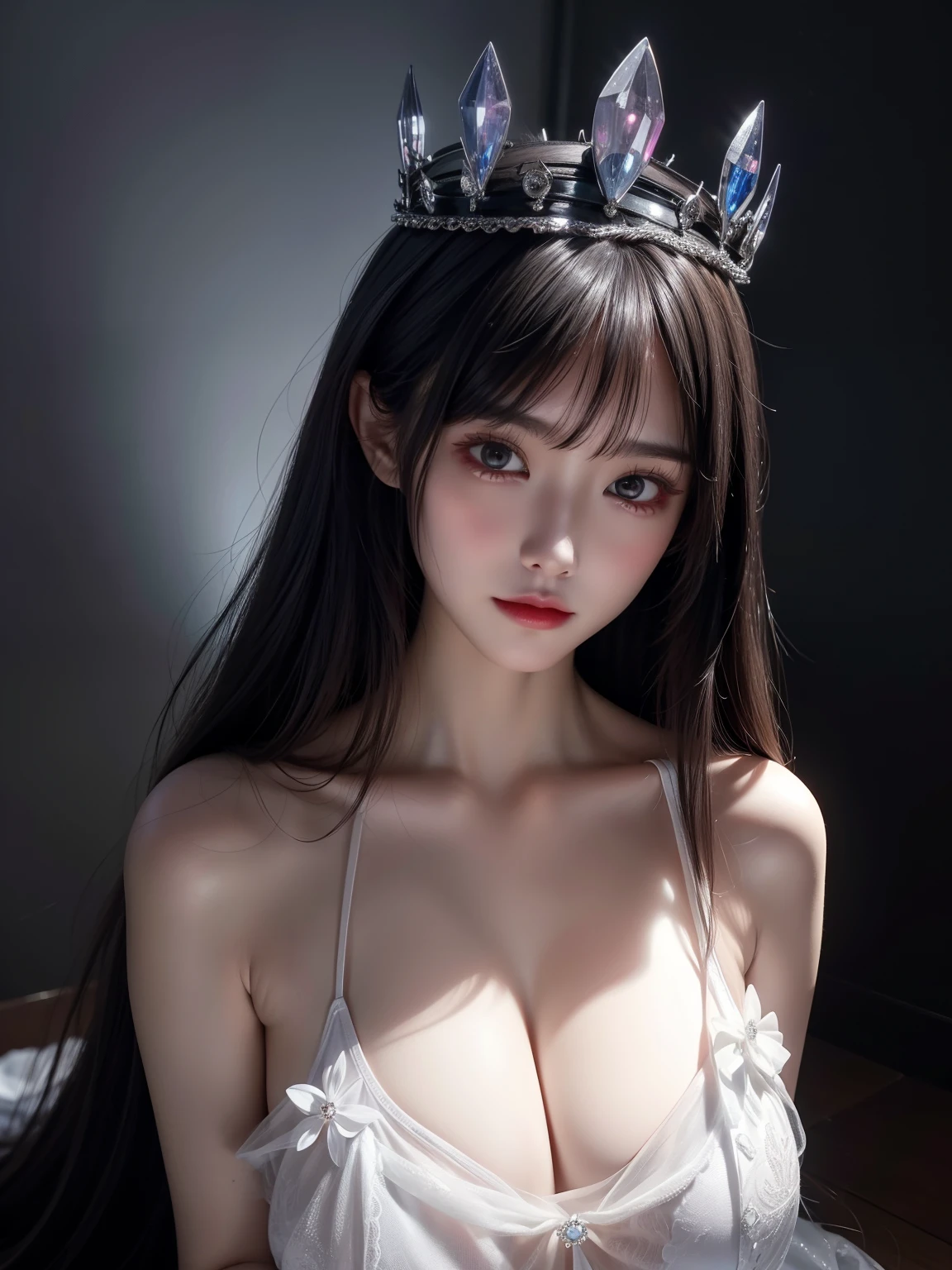 Sweet girl clothes8,(gem:1.3), Beautiful devil woman from hell, fantasy art, korean doll, photorealism, dynamic lighting, art station, poster, Volumetric lighting, The facial details are very rich, 8k, in the darkness, deep shadow, low pitch, long hair, black hair, luxurious palace, royal style, Demon Crown, the most beautiful face, huge breast, Surreal, Gurwitz, The weather is gloomy and thunderous, (portrait), Protagonist close-up, (Background details 1.4), sitting position