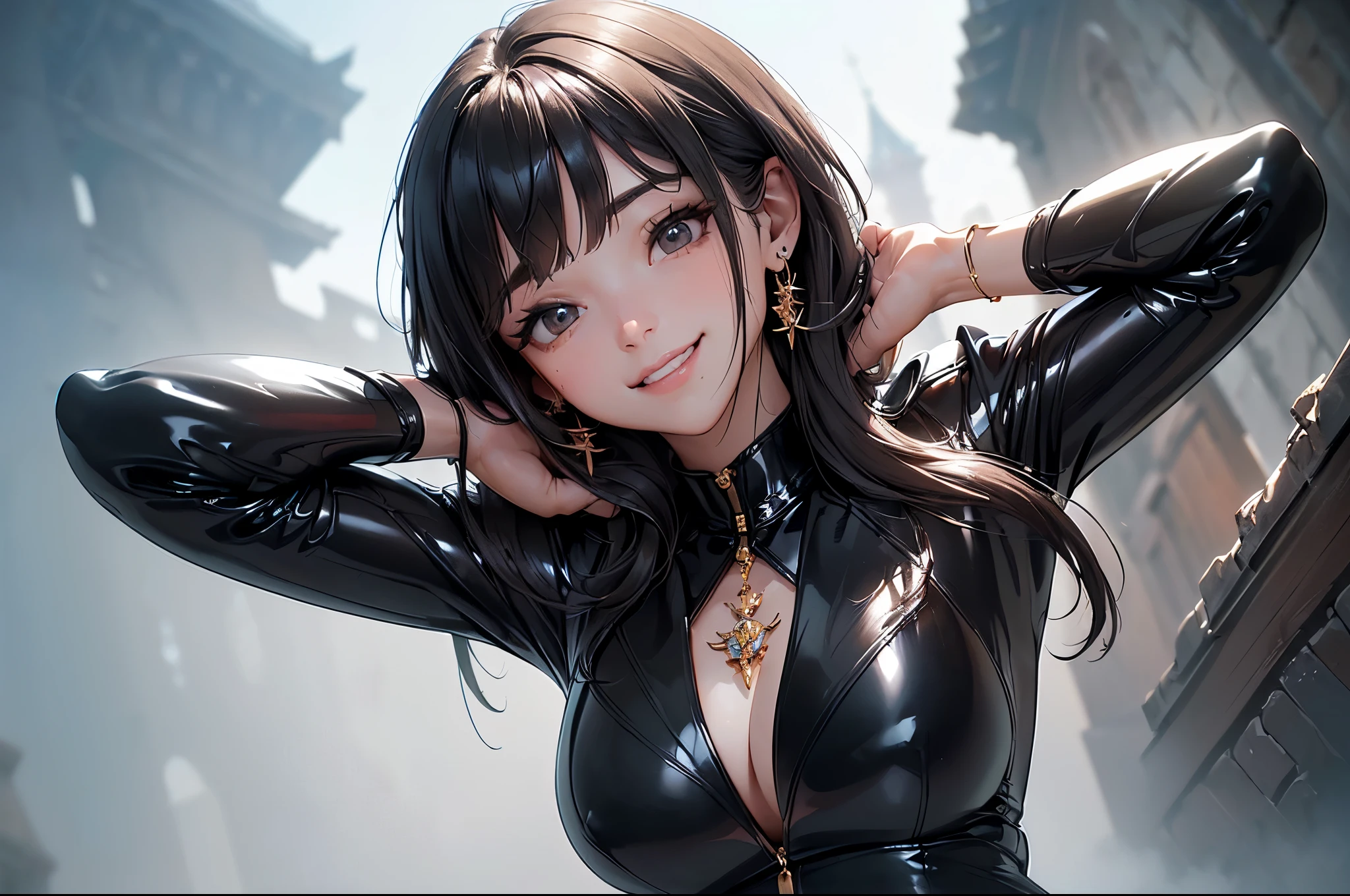 ((Biologically correct limb count))、((Full Body Shot, Full-body photo including face、Head to toe photos))、4K、masterpiece、((Focus on the face))、((Symmetrical facial features))、Eyes of meticulous depiction、Beautiful woman、Excellent style、Beautiful feet、(Black Stockings、High heels with anklets）、Detailed depiction of the face、Small earrings、necklace、((Close-up photo of the upper body))、(Latex blazer、Latex skirt）、Scenery of the old castle、（Low - Angle）、(smile)、((Thick morning fog all around)、I can&#39;t see anything around me)、