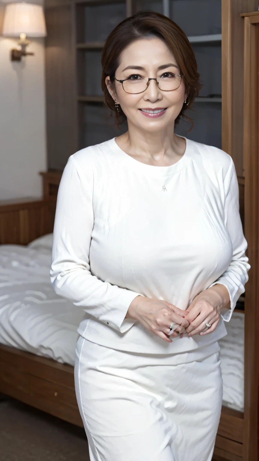 Earrings, ,Full Body Shot,,50 years old,detailedな目,Wrinkles at the corners of the eyes,A kind smile,Big Breasts 1.8,Big Ass,Saggy breasts 1.8(masterpiece:1.6, highest quality), Intricate details, Depth of written boundary,detailed, Perfect face, Perfect body, Large Model, Mature Woman, Leg Length,(White knit,skirt),8k,highest quality, masterpiece, Ultra-high resolution,, Sharp focus, detailed, Exquisite beautiful woman, ((Plump 2.0)), Random hairstyle,room,Glasses (Fat 1.8)