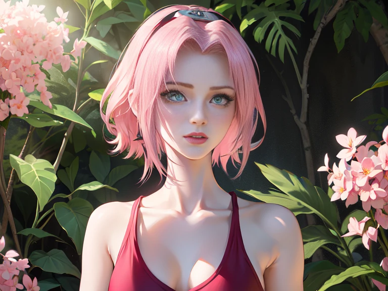 young woman, short shoulder-length pink hair, wide forehead, porcelain skin, pink eyebrows, big emerald green eyes, buttoned nose, full lips, heart-shaped face, slender body, small breasts, red tank top, Sakura Haruno , realistic, realism, details, 3d, well detailed