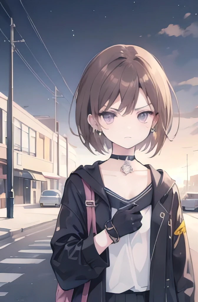 1girl,anime_coloring,black_eyes,black_gloves,brown_hair,choker,earrings,gloves,jewelry,mailbox,parody,short hair,angry,solo,style_parody,