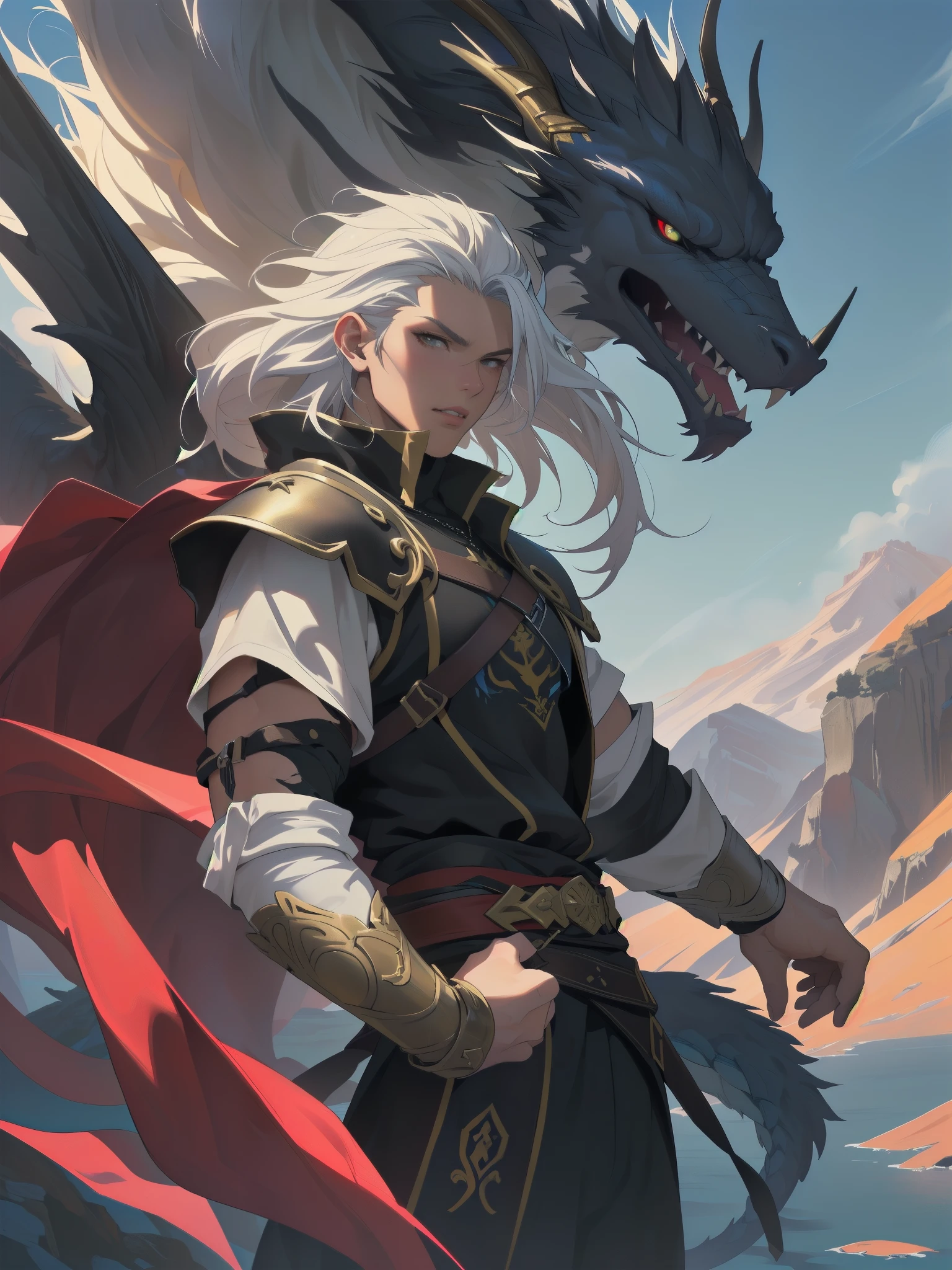 arafed image of a man standing on a cliff with a giant demon in the background, epic fantasy digital art style, epic fantasy artwork, epic fantasy digital art, anime epic artwork, epic fantasy art style hd, guildwar artwork, 4k fantasy art, epic fantasy game art, epic fantasy illustration, fantasy epic digital art, dark souls art, epic fantasy art. (absurdos, Altas Resoluciones, Ultra detallado, HDR), Obra maestra, La mejor calidad, final fantasy vii, 1hombre solamente, guapo, pelo largo, cabello negro, Ojos rojos vibrantes, ojos finos y cara detalladas, Armadura nordica, snowy mountains, frio, tonos azules, helado, hielo, ((Arma intrincada)), capa roja ondeando. ((Dragon a la espalda, dragon volando) Final Fantasy, badass pose, Personaje masculino de anime, Badass Anime 8K, Arte detallado del personaje de anime, Concepto de anime HDR Anime MacManus, Chico anime, Ikuto Yamashita, Anime CG arte suave, Fondo de pantalla de manga 4 k, inspirado por Yamagata Hiro, Wallaper de animea painting of a man with a sword and a red cape, epic anime style, anime epic artwork, epic fantasy digital art style, advanced digital anime art ”, portrait of ninja slayer, hero 2 d fanart artsation, epic fantasy style art, epic fantasy art style, high quality colored sketch, akira from chinese mythology, epic full color illustration