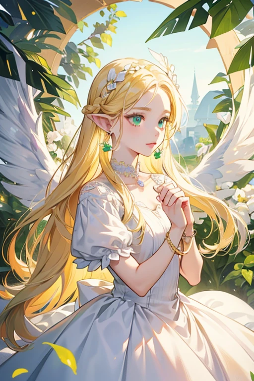 Gardenia has long yellow hair that is tied into a long braid. There are flower decorations on her hair. She has white skin, green eyes, pink cheeks, and pointy ears. There are triangle earrings on her ears. She wears a long white dress with a green gradient color in the middle of her dress. She also wears a goldish brown collar with three triangles hanging from it. She has two white pearl bracelets on her both wrists. She has white wings. SPARKLE; GLITTER