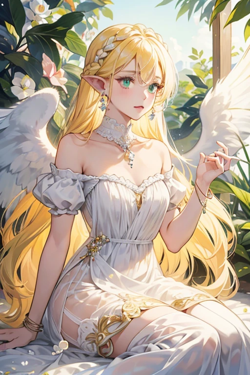 Gardenia has long yellow hair that is tied into a long braid. There are flower decorations on her hair. She has white skin, green eyes, pink cheeks, and pointy ears. There are triangle earrings on her ears. She wears a long white dress with a green gradient color in the middle of her dress. She also wears a goldish brown collar with three triangles hanging from it. She has two white pearl bracelets on her both wrists. She has white wings. SPARKLE; GLITTER